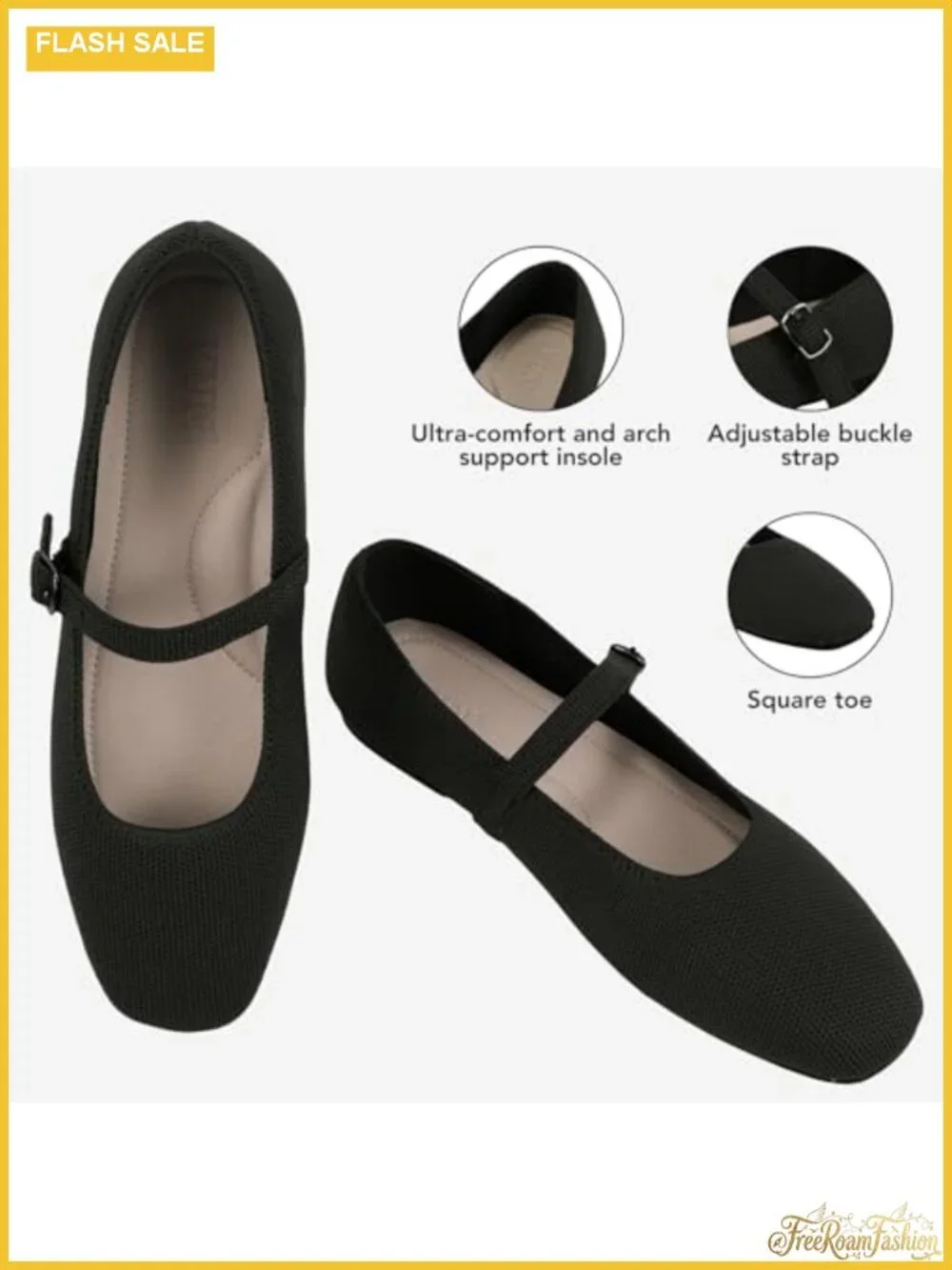 Women's Square Toe Knit Ballet Flats with Arch Support Adjustable Mary Jane